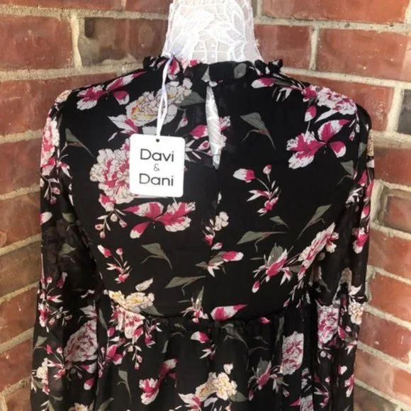 Davi & Dani Black Floral Long Sleeve Dress - Picture 7 of 11